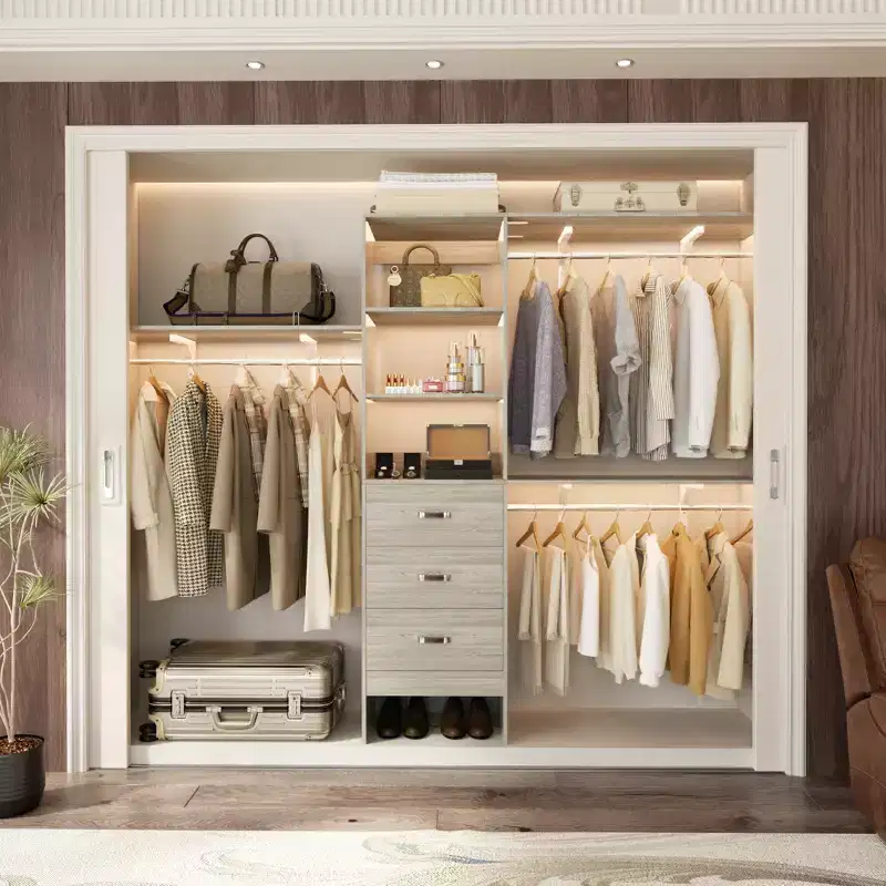 Closet System with 3 Hanging Rods, 3 Drawers and 3 Shelving Tower, 5-8FT Walk-in Closet Organizer