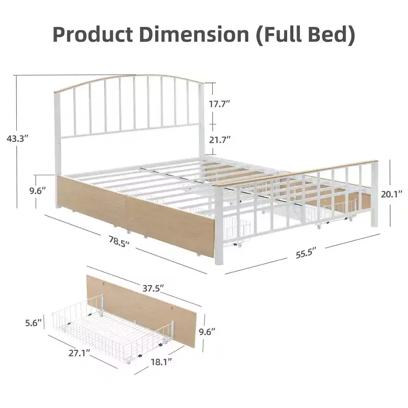 Platform Bed Frame with 4 Storage Drawers, Mattress Foundation with Headboard & Footboard, Oak Color