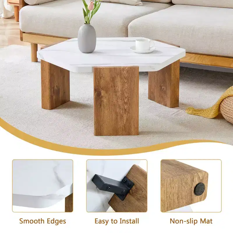 MAYEERTY White Coffee Table Faux Marble Top Triangular Wood Base, 31 Inch