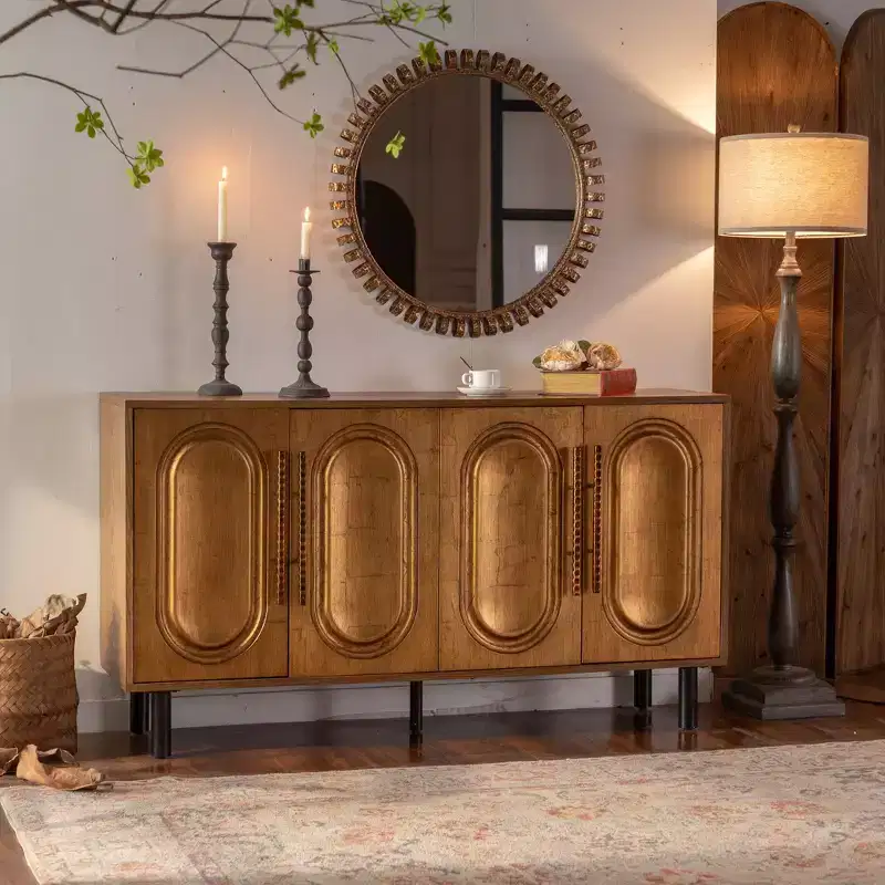 Sideboard Buffet Cabinet with 4 Doors, Wood Console Table with Adjustable Shelf, Brown