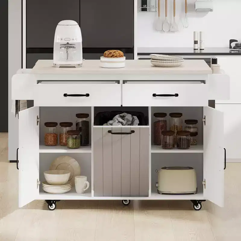Kitchen Island with Trash Can Storage Cabinet, Drop Leaf & Spice Rack & Towel Rack and Drawer with Adjustable Shelf, White