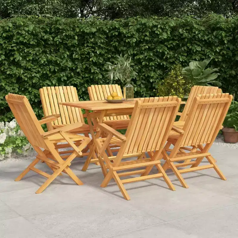 vidaXL Solid Teak Wood Patio Dining Set - 7 Piece Rectangular Table and Foldable Garden Chairs, Brown Outdoor Furniture for Deck, Garden, Patio