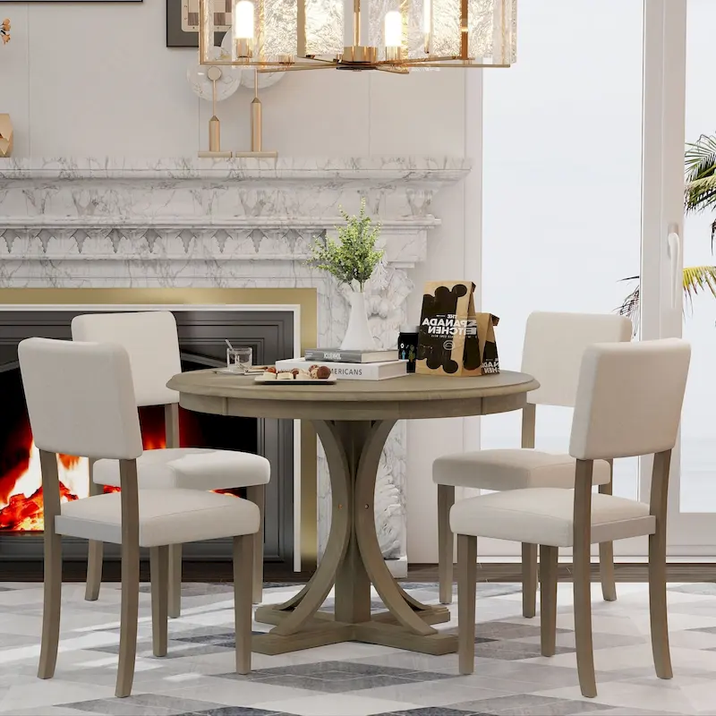 5-Piece Retro Round Dining Table Set Farmhouse Kitchen Dining Table Sets with Curved Trestle Table Legs for Dining Room