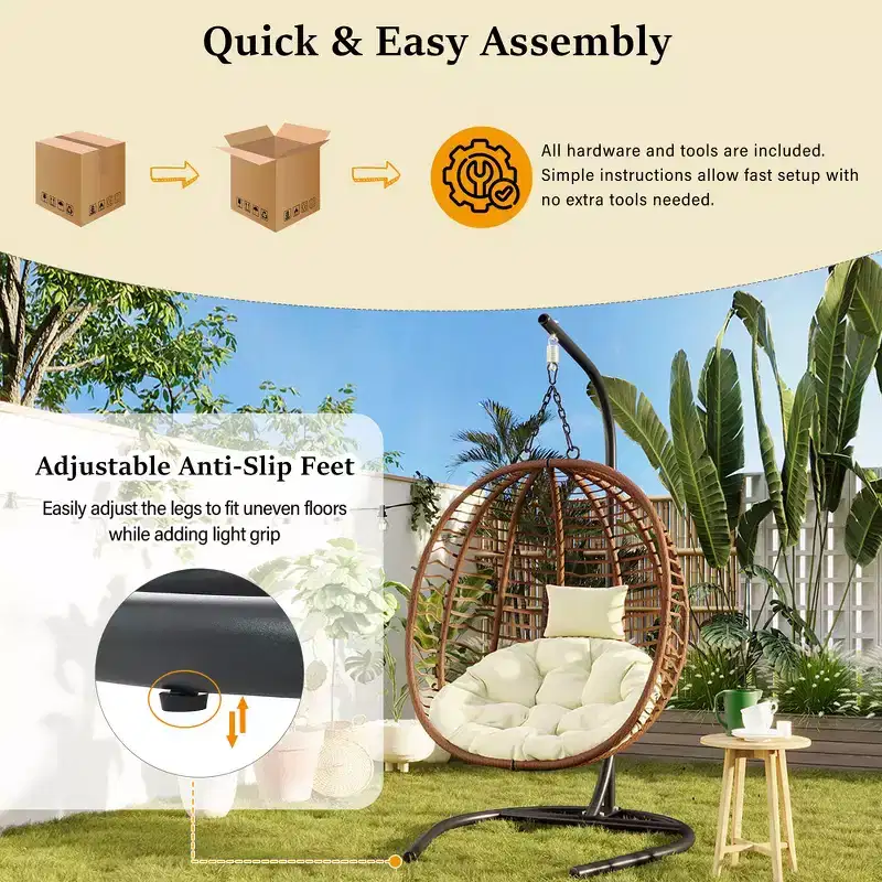 Whisen Single Person Folding Egg Chair with Stand, Hammock Swing Chair with Adjustable Anti-Slip Feet