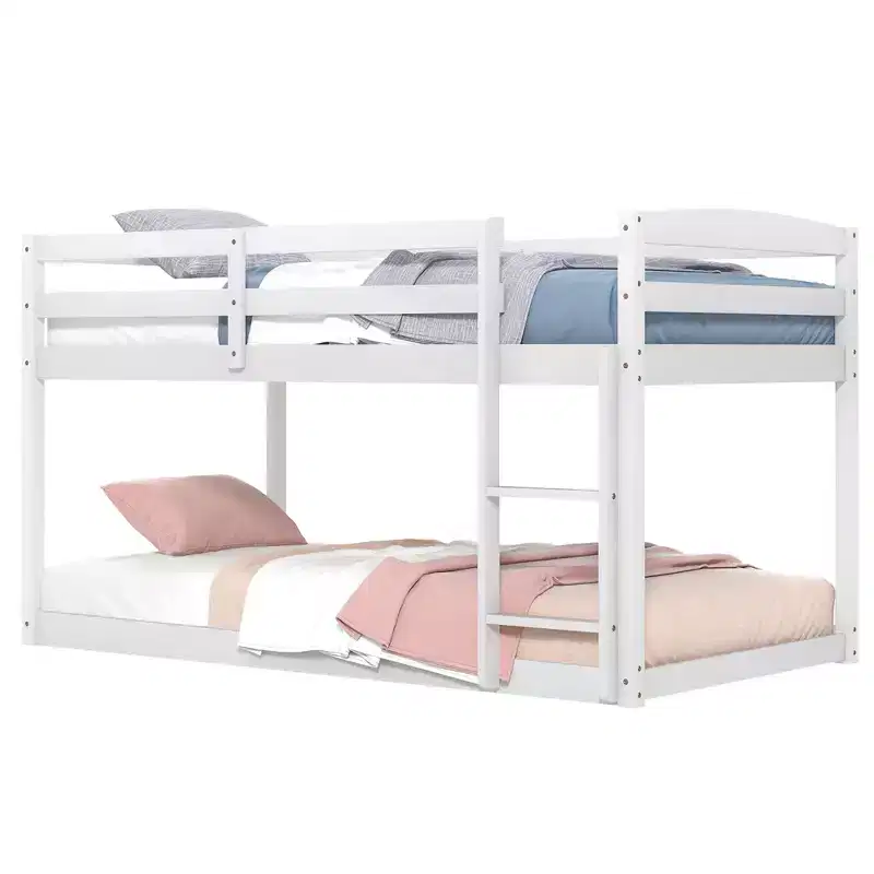 Costway Twin over Twin Low Bunk Bed with Guardrails Integrated Ladder Kids Wooden Grey/White/Beige/Pink