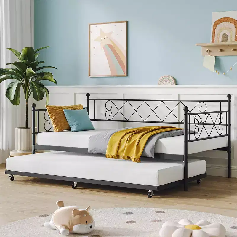 Twin Metal Daybed with Trundle, Space-Saving Sofa Bed for Living Room, Bedroom and Guest Room