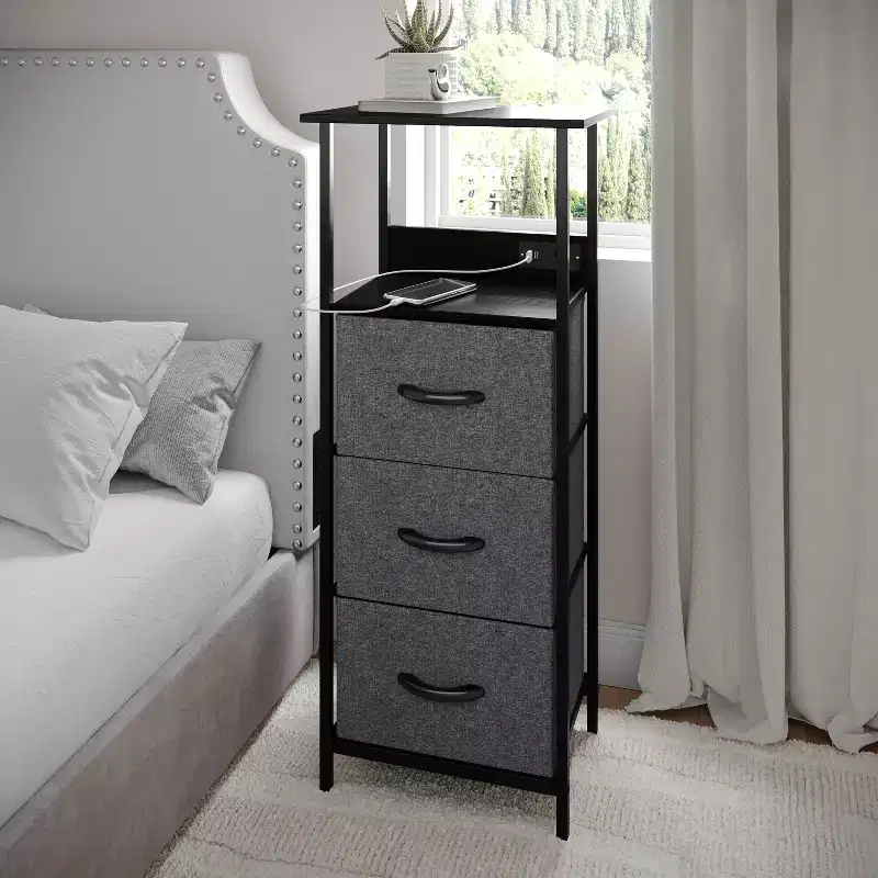 3-Drawer Nightstand with Charging Station, 2 USB Ports & 1 Outlet, Metal Frame, Engineered Wood Top, 40 lb