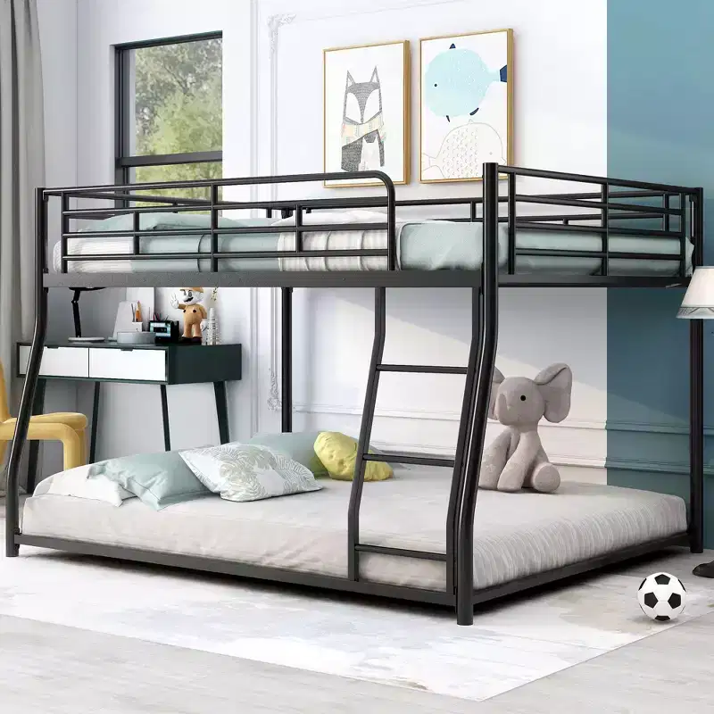 Twin XL over Queen/Full XL over Queen Size Bunk Bed, Metal Floor Bunk Bed, Black - ModernLuxe