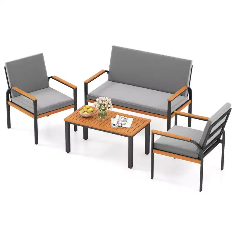Costway 4 Piece Patio Furniture Set with Coffee Table, Loveseat & 2 Single Chairs for Porch Gray/Black