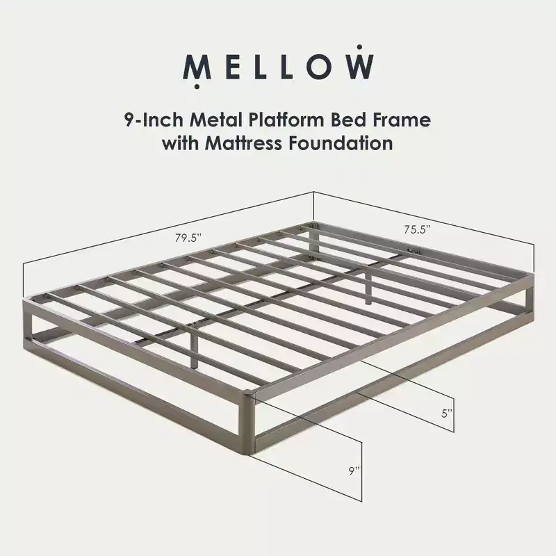 Mellow 9-Inch Metal Platform Bed Frame with Mattress Foundation, King, Gray