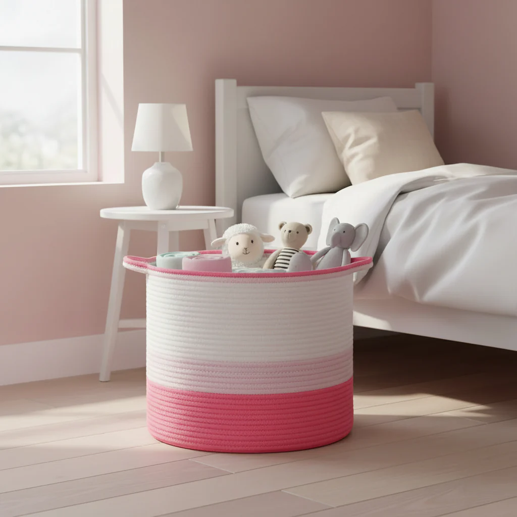 Pink Toys Cotton Rope Basket- 3 Tone- Nursery Dog Kids Baby Woven Storage Bin Organizer