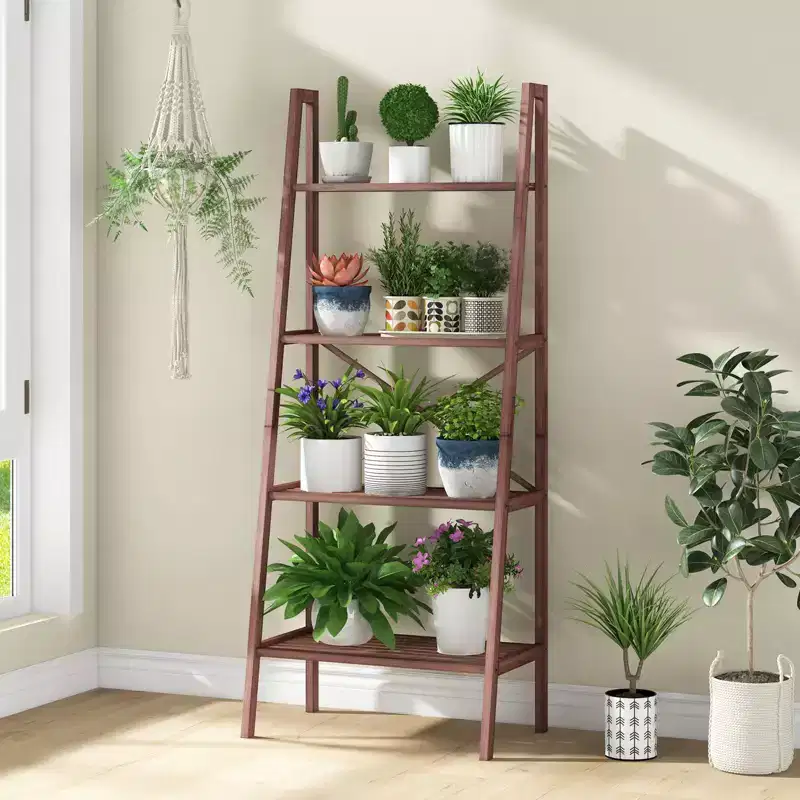 4-Tier Bamboo Ladder Bookshelf Rustic Bookcase Floor Standing Shelving Unit Book Shelf Storage Organizer