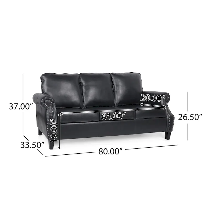 80 Modern Faux Leather 3-Seater Sofa with Birch Legs and Nailheads