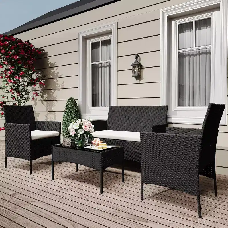 4-Piece Rattan Patio Furniture Set - Outdoor Sofa, 2 Chairs & Coffee Table with Cushions for Garden Backyard Porch
