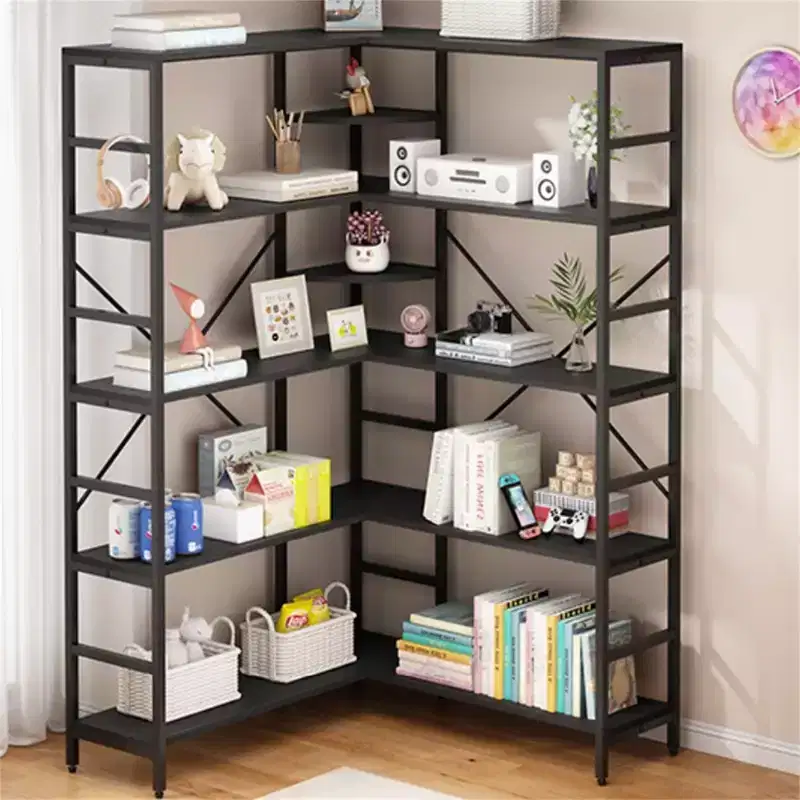 Industrial L-Shape 5-Tier Corner Bookshelf – Heavy Duty Metal Frame, 10 Shelves