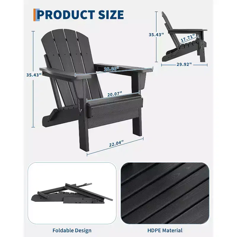 Folding Adirondack Chair, HDPE All-Weather Foldable Chair, Weatherproof Adirondack Chairs for Patio Garden Lawn Backyard Pool