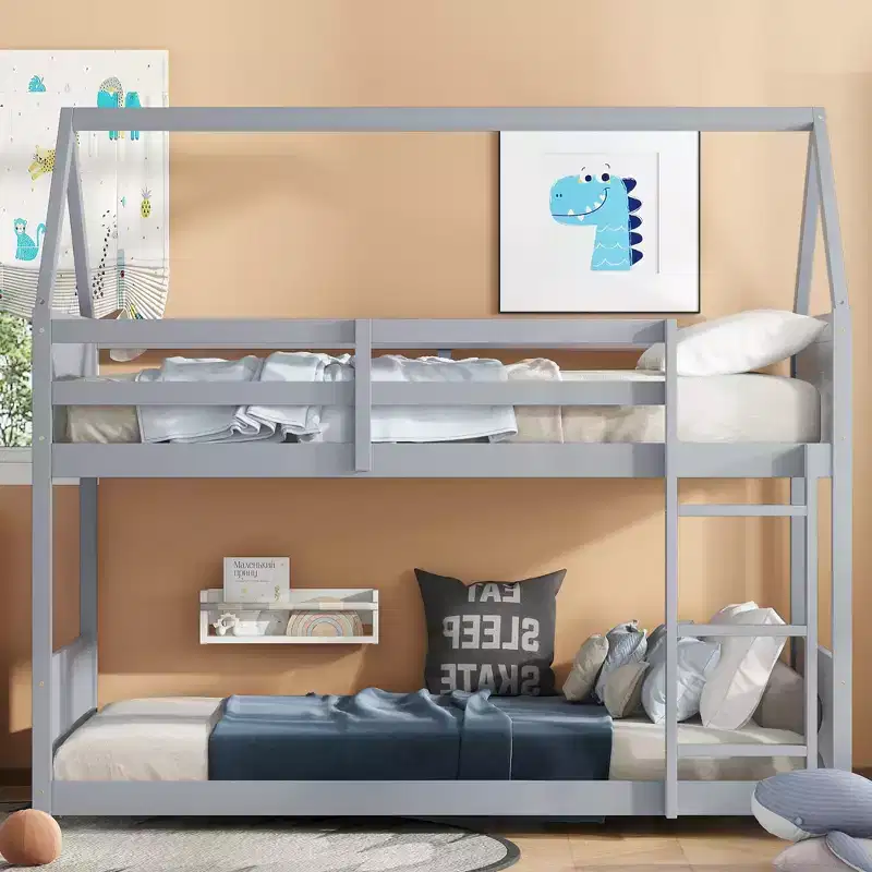 Twin Over Twin House Bunk Bed, Low Floor Wood Bunk Bed with Roof Frame, Guardrails & Ladder, Rubber Wood Kids Bed Frame