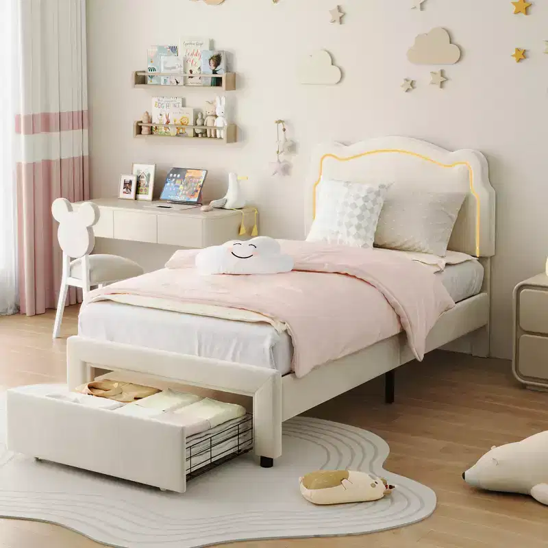 COZONY Twin Velvet Upholstered Bed Frame with Adjustable Headboard, Princess Platform Bed with Wooden Slats, No Box Spring Needed