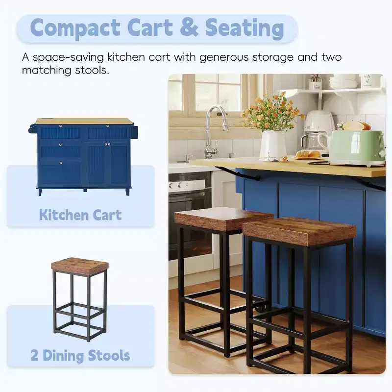 Farmhouse Kitchen Island with Drop Leaf, Drawers, Power Outlet and 2 Seats