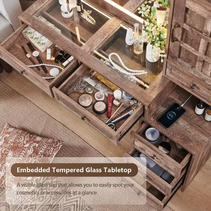 Mastgoal Farmhouse Vanity Desk with Touch Screen LED Mirror, 47 Big Make Up Table, 6 Drawers, Glass Top, Charging Station, Rustic Wood Dressing Table