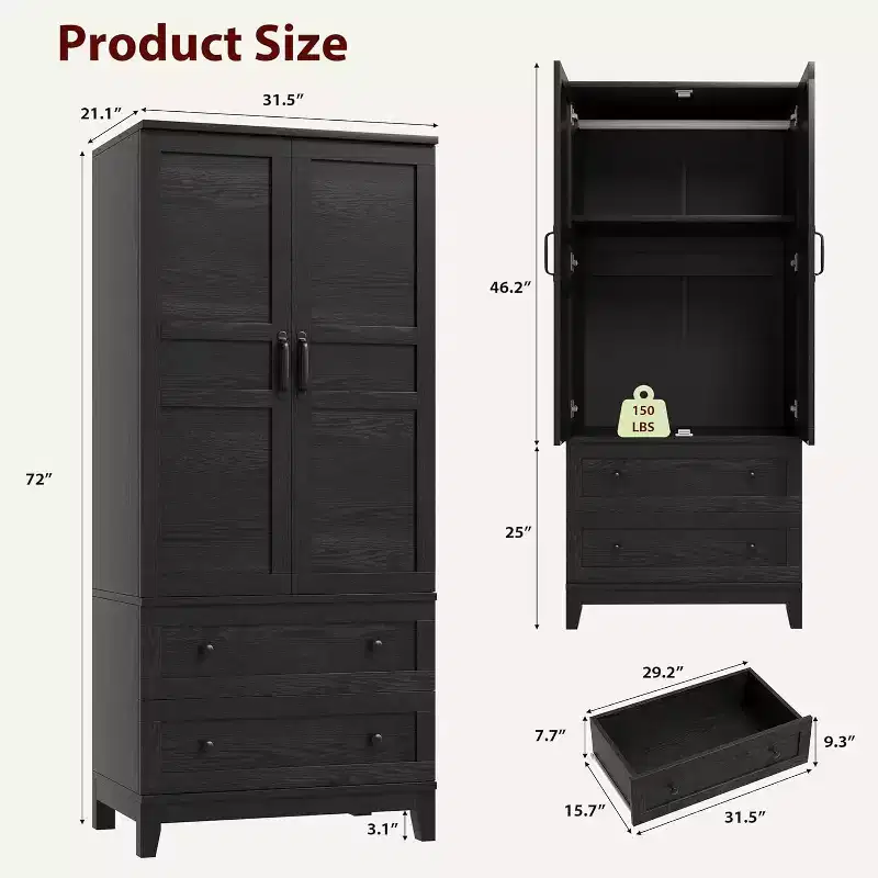 72 in Wooden Armoire Wardrobe Closet with 2 Drawers and Hanging Rod, Tall Clothing Armoire Cabinet with Doors and 18 Adjustable Shelves for Home