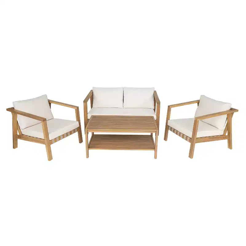 Christopher Knight Home Fraser 4-Piece Patio Slat Design Acacia Wood Upholstered Seating Set