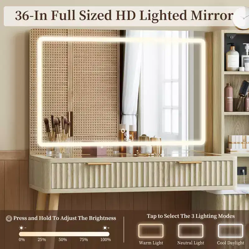 36 Vanity Desk with Lighted Mirror, Wooden Makeup Table with Drawers, White & Oak Finish, LED Mirror for Bedroom