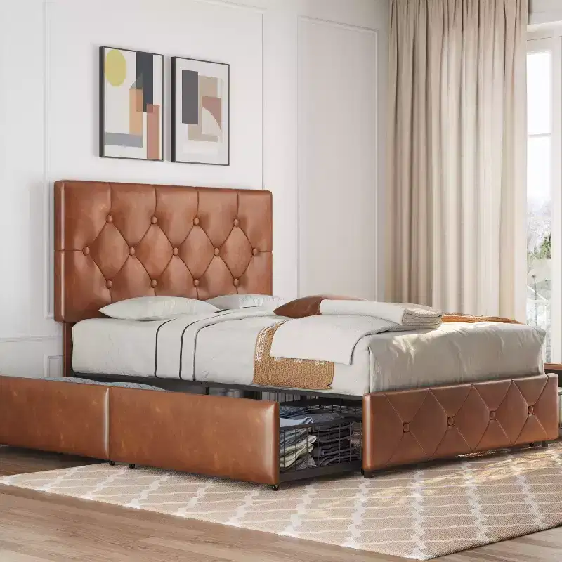 Upholstered Faux Leather Bed Frame with Adjustable Headboard and 4 Storage Drawers