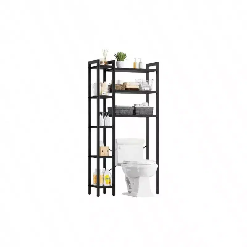 Over Toilet Storage with 8-Tier Shelf – Freestanding Bathroom Organizer, Black