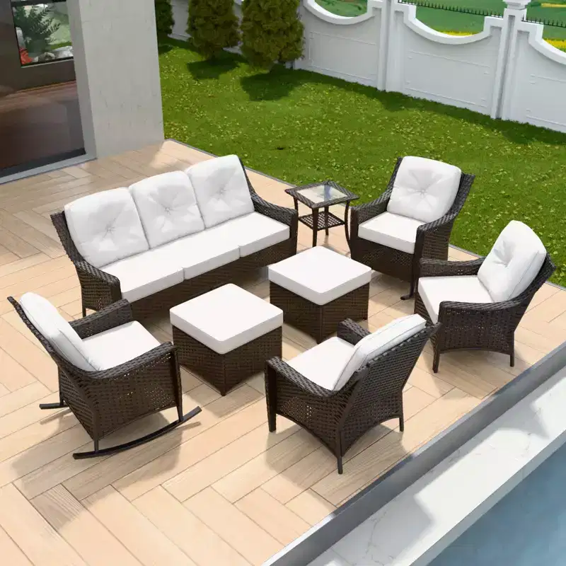 EAGLE PEAK Azure Bay 8 Pieces Wicker Outdoor Patio Furniture Set, Sofa 4 Chairs with Ottomans and Side Table