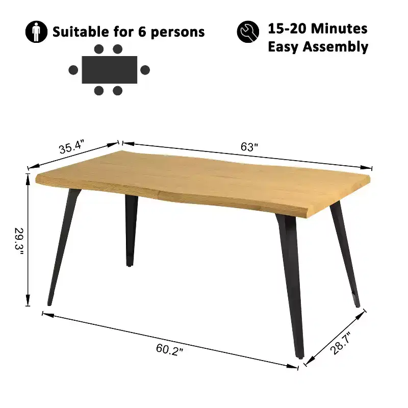 63 Rectangular Dining Table for 6, Modern Wood Look Table with Black Metal Legs