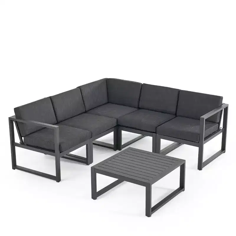 Christopher Knight Home Navan Outdoor Aluminum 5 Seater Sectional Sofa Chat Set with Cushions, Dark Gray/Black