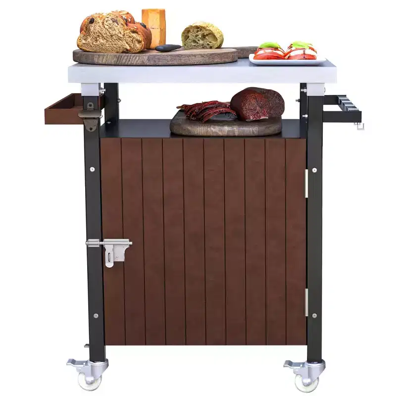 Bar Serving Cart Outdoor Grill Cart with Stainless Steel Tabletop for Patio Kitchen, Brown, 32.4*18.7*34.7