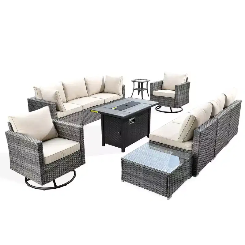 Ovios Venice 11pc Wicker Outdoor Patio Furniture Set Conversation Sofa with a Metal Fire Pit, Swivel Chairs and Cushions