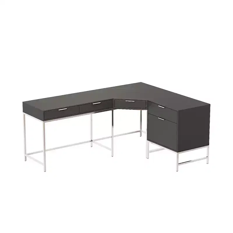 L-Shaped Office Desk, Home/Commercial Workstation, Metal Frame + 5-Drawer + 150LBS Load Capacity, Corner Writing Desk