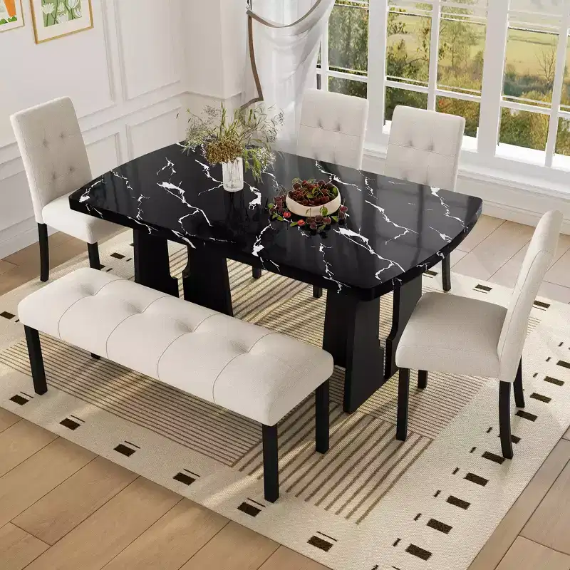 Faux Marble Dining Table Set for 6, 6 Pieces Rectangle Dining Table with 4 Upholstered Chairs & 1 Bench for Dining Room