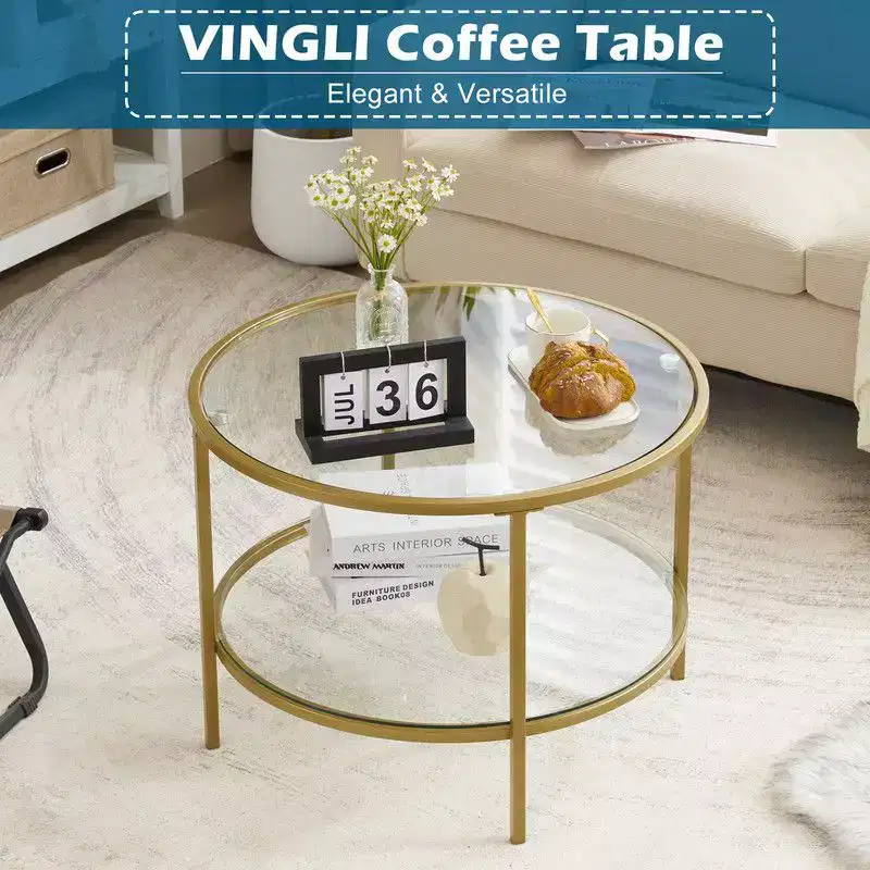 25.6in Round Glass Coffee Table with 2-Tier Storage, Gold Metal Frame