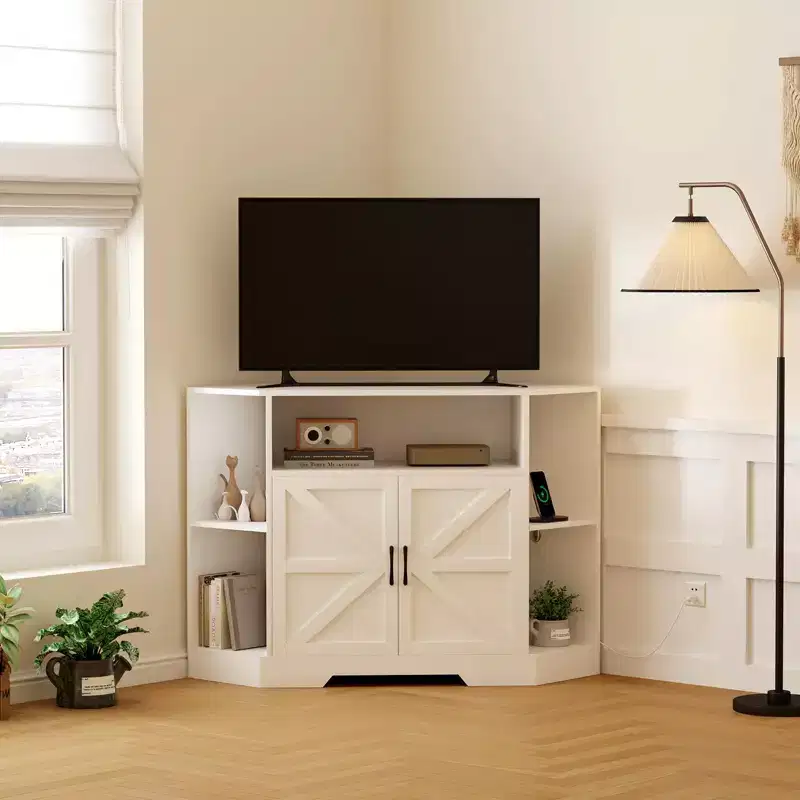TROPOW Corner Tv Stand for Tvs Up to 55 Inch with Power Outlet, Entertainment Center, Wood Tv Media Console with Storage Cabinets Shelves , White