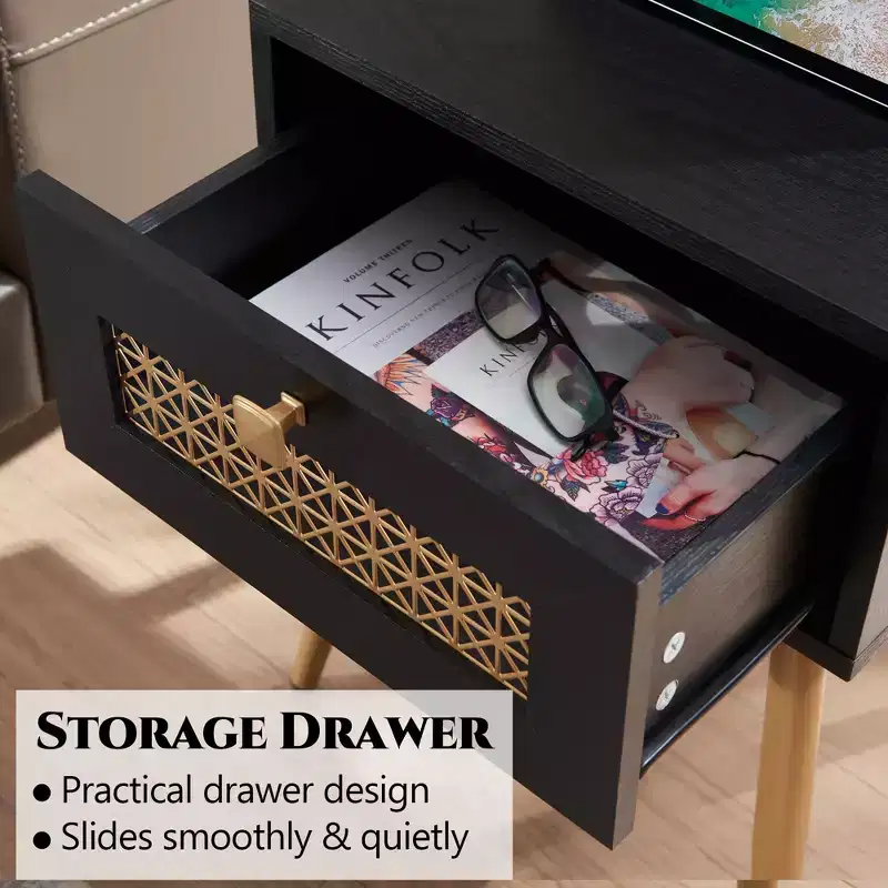 Probe Hues Farmhouse End Table with Drawer, Waterproof Top & Curved Design