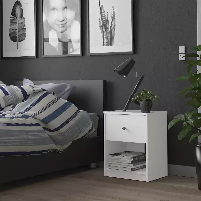 1-Drawer Nightstand with Open Shelf, White, Compact Danish Design, 19