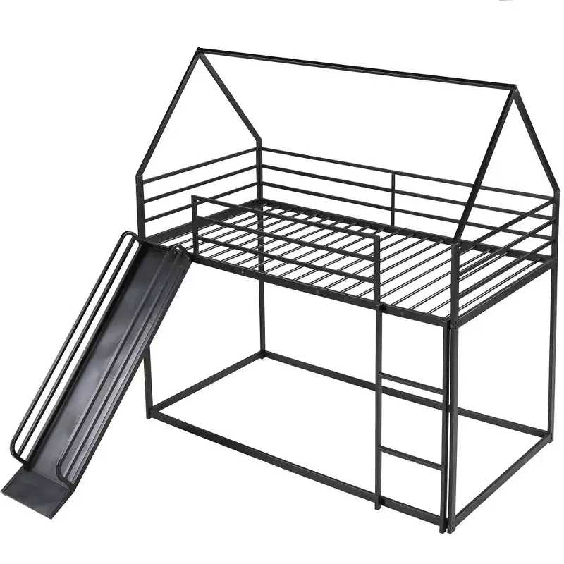 Twin over Twin Metal House Bunk Bed with Convertible Slide and Ladder