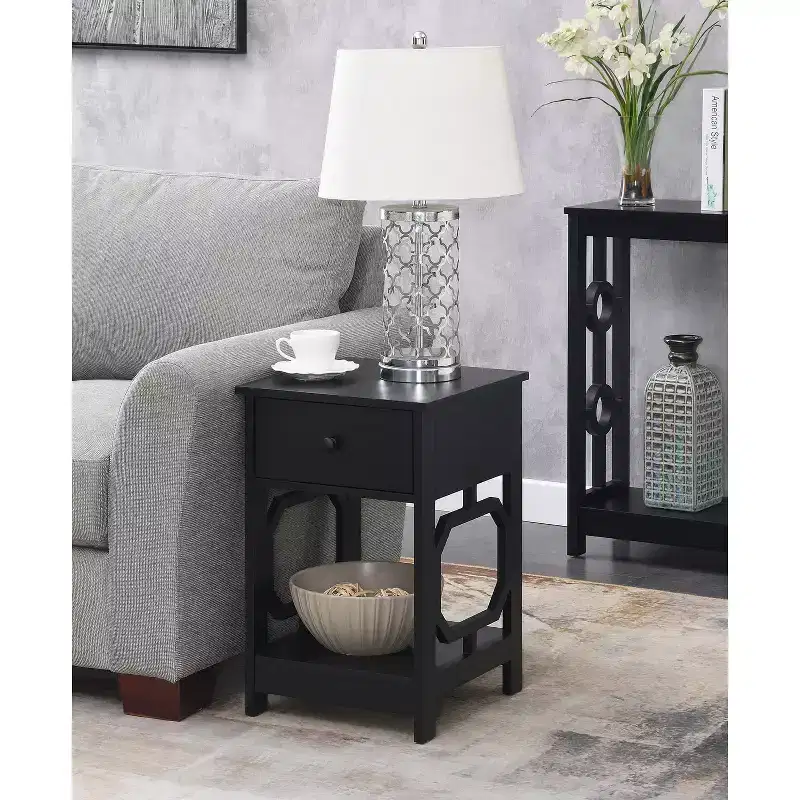 Belmont 1 Drawer End Table with Octagon Side Design, Two Tier Shelves and Pull Out Drawer, Stylish Accent Table for Bedroom Storage