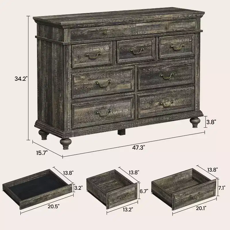 Wide Farmhouse 9-Drawer Dresser, Rustic Wood Chest of Drawers for Bedroom & Living Room