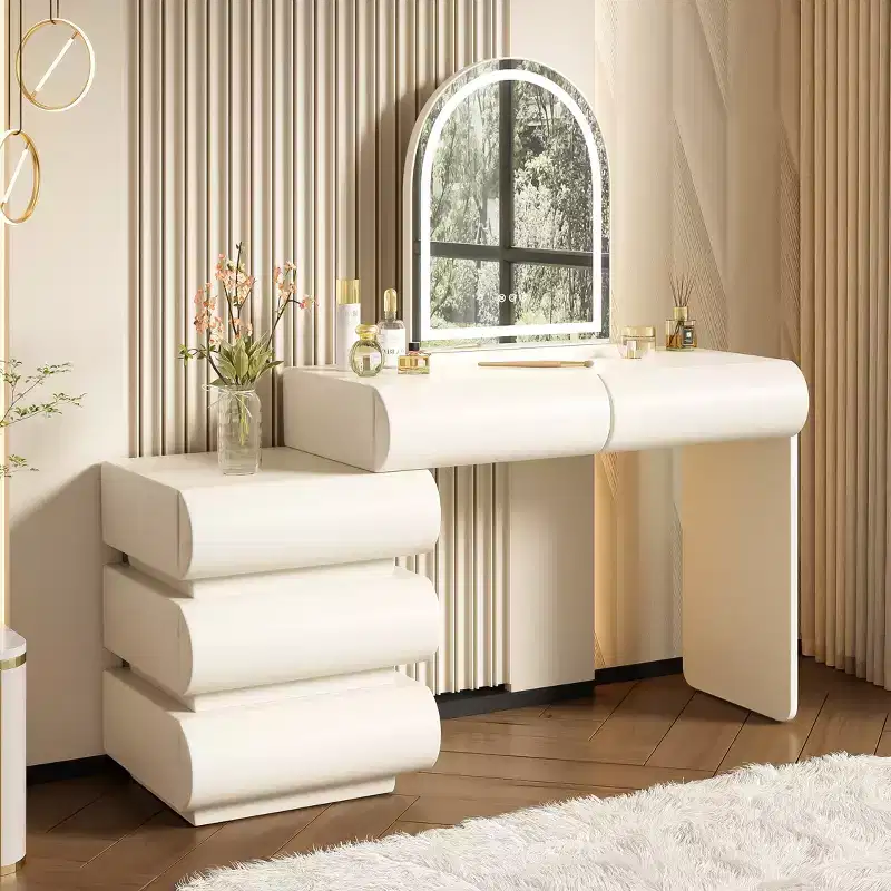Modern Leather Upholstered Makeup Vanity Table with LED Lighted Mirror and 5 Drawers