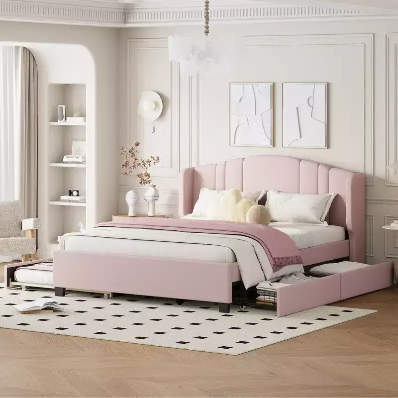 FAMYYT Queen Size Upholstered Platform Bed With One Twin Trundle and 2 Drawers, Easy Assembly