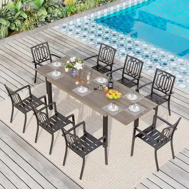 MAISON ARTS 7/9-Pieces Patio Dining Set with Metal Rectangle Expandable Table and Metal Stackable Chairs