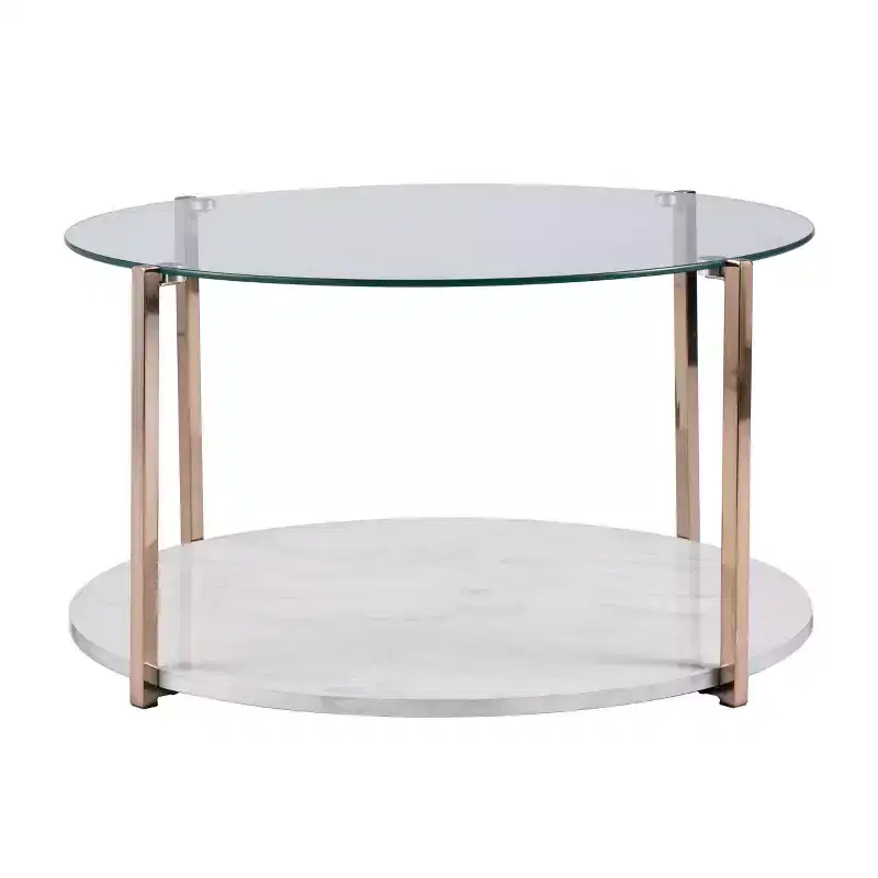 Round Glass-Top Coffee Table with Gold Iron Frame
