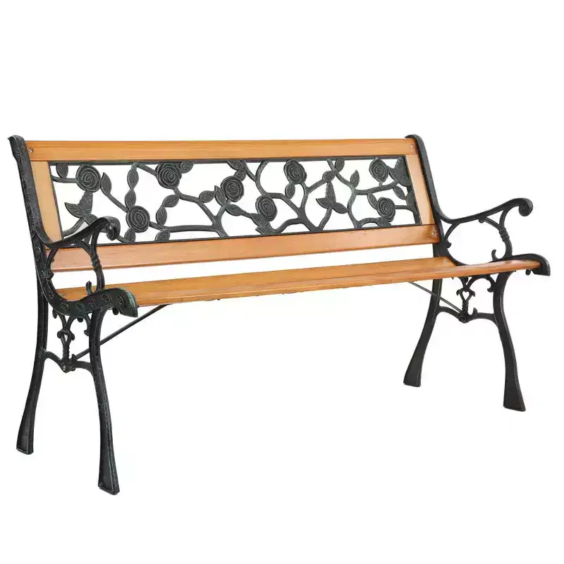 Karl Home|49 in. Metal and Wood Ourdoor Bench Flower-Patterned Back