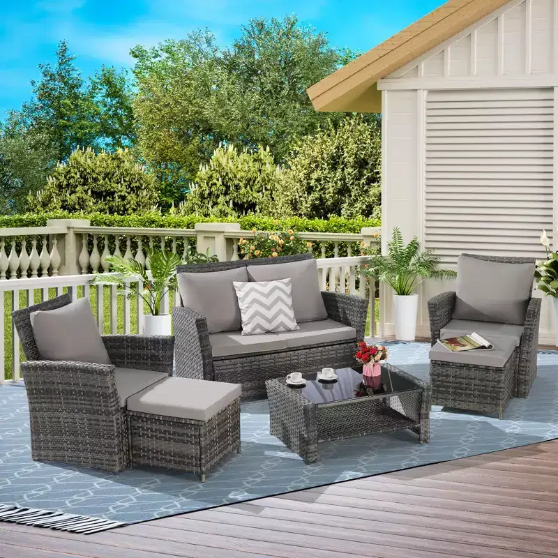 6 Piece Wicker Patio Furniture Sets with Ottoman and Tempered Glass Coffee Table
