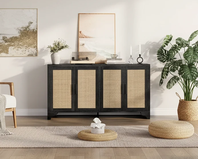 4-Door Sideboard Buffet Cabinet, Natural Rattan Credenza Storage Cabinet, Boho Entryway Console Table, Coffee Bar Station for Dining Room